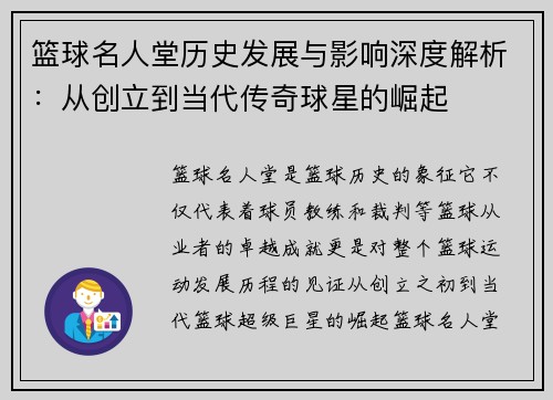 篮球名人堂历史发展与影响深度解析：从创立到当代传奇球星的崛起
